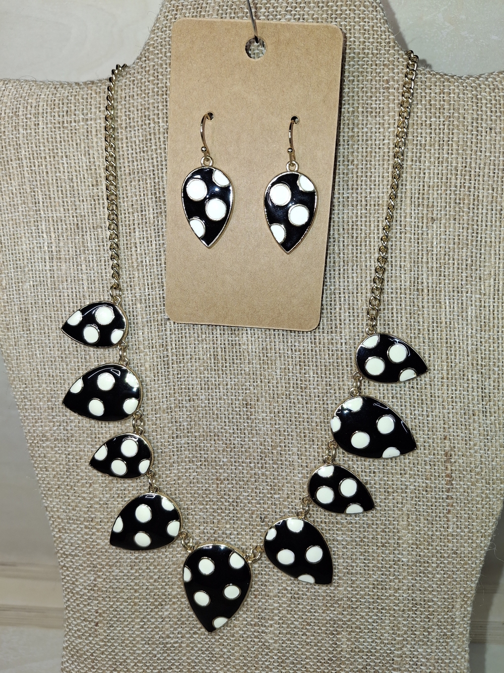 Black and White Polka Dot Teardrop Necklace & Earring Set